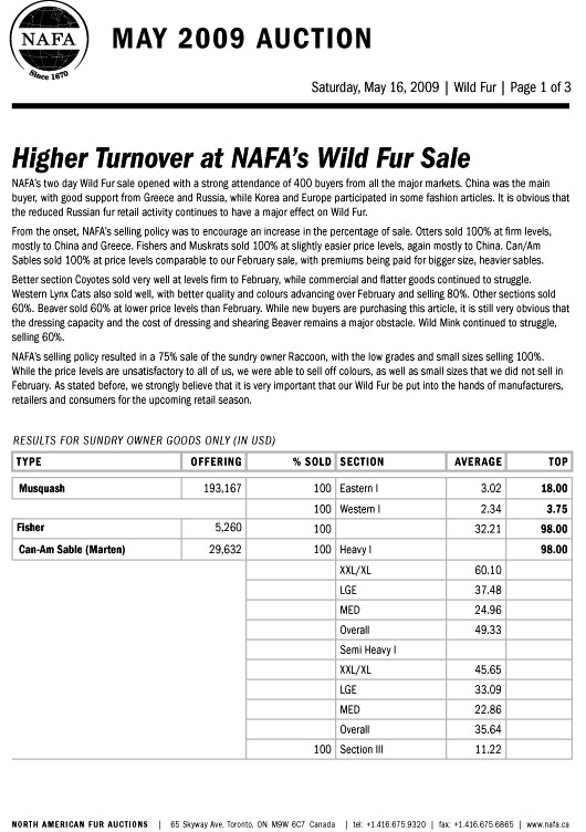 NAFA Wild Fur Auction Results 1